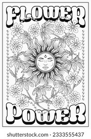 Afiche de Groovy con sol, flores de camomila, cuentas, texto Flower Power. El concepto de verano tranquilo. Estilo retro 70. Grunge la textura con espuma, arañazos. Ilustración vintage en blanco y negro