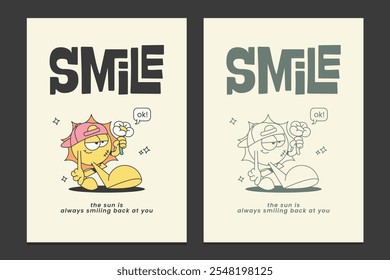 Groovy poster with a trendy cartoon sun character smiling , vector illustration 