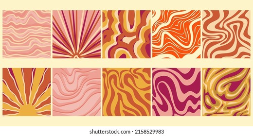 Groovy poster y2k retro background set for print design. Spiral hippie vector illustration. Psychedelic print. Vintage background. Cover, poster retro style