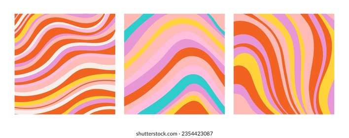 Groovy poster y2k retro background set for print design. Spiral vector illustration. Psychedelic print. Vintage background. Cover, poster, wallpaper. Retro hippie colorful abstract art templates