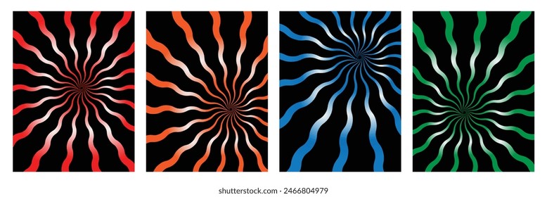 Groovy poster y2k retro background swirl set for print design. Spiral vector illustration. Psychedelic print. Vintage background.