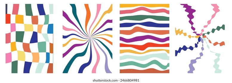Groovy poster y2k retro background swirl set for print design. Spiral vector illustration. Psychedelic print. Vintage background.