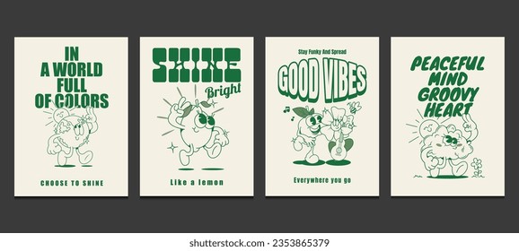 groovy posters 70s, retro posters with funny cartoon characters, vector illustration