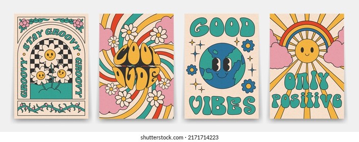 Groovy Posters 70s. Retro Poster With Psychedelic Characters, Sun Rays And Rainbow, Flowers, Vintage Prints, Isolated