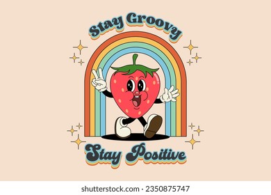 Groovy posters 70s. Retro poster with funny cartoon walking characters in the form of fruits. Vintage prints, isolated, t shirt design	