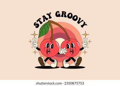 Groovy posters 70s. Retro poster with funny cartoon walking characters in the form of fruits. Vintage prints, isolated, t shirt design	