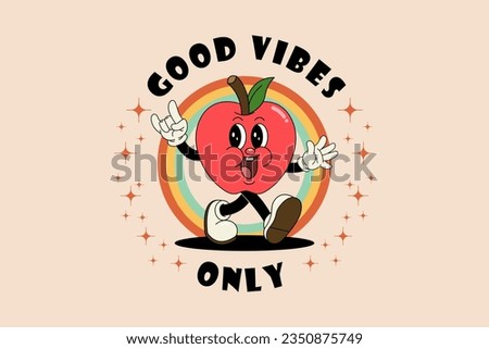 Groovy posters 70s. Retro poster with funny cartoon walking characters in the form of fruits. Vintage prints, isolated, t shirt design	