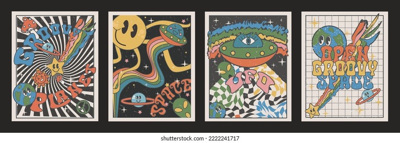 groovy posters of the 90s. Cartoon psychedelic style. Bright hippie and retro elements. UFO, sun rays, space, bad trip. Vector collection of banners