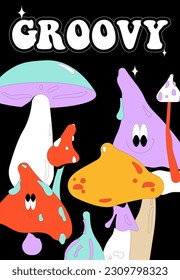 Afiches de Groovy de los 90. Dibujo de estilo psicodélico. Elementos hippie y retro luminosos. Diseño de pancartas