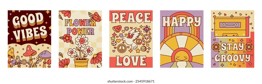 Groovy posters. Cartoon retro hippie elements psychedelic cards, vintage groovy design flat vector background illustration set. Old school funny 70s backdrops