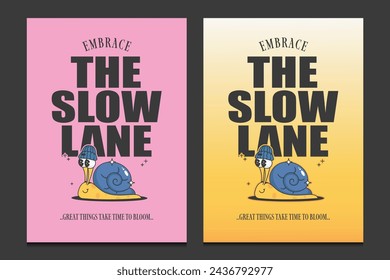 groovy posters with a cute snail cartoon character, vector illustration