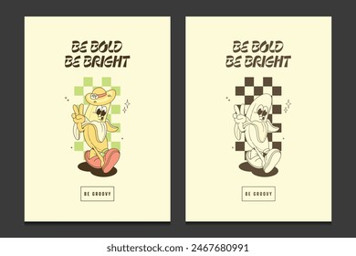 groovy posters or graphic t-shirt templates with banana cartoon mascot character, vector illustration