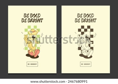 groovy posters or graphic t-shirt templates with banana cartoon mascot character, vector illustration