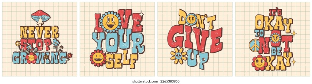 Groovy posters, postcards, retro print with hippie elements. Motivation lettering. 60s, 70s, 80s trendy style.