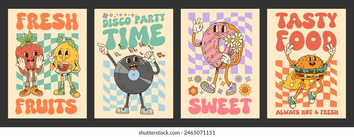 Groovy posters with retro cartoon characters of cute fruits, burger, donut and vintage vinyl record. Strawberry, lemon, cheeseburger, music record and donut vector personages on psychedelic background