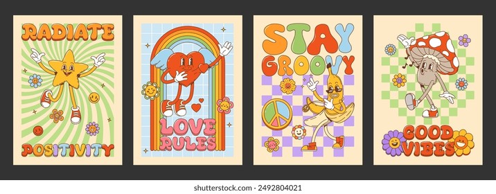 Afiches geniales con personajes de dibujos animados retro y mensajes positivos. Vector tarjetas vintage con estrella, corazón alado, plátano bailarín, seta amanita promoviendo la positividad, el amor, el grooviness y el buen rollo