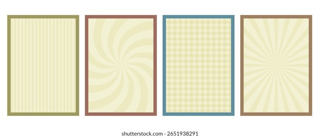 Groovy posters set. Retro backgrounds with twisted lines. Psychedelic art. Vintage design with circle elements,  checker, distorted wavy lines. Abstract texture. Vector flat illustration