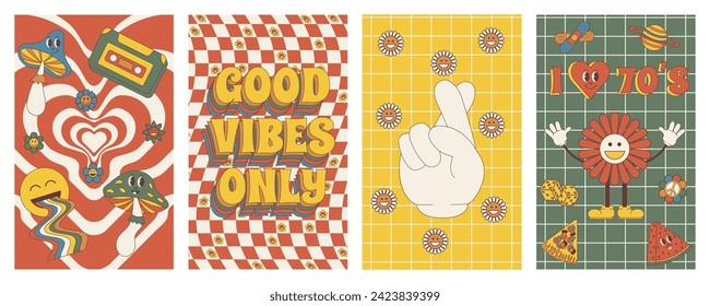 Groovy posterss. Set of posters in trendy retro trippy style. Hippie 60s, 70s style.