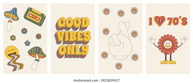 Groovy posterss. Set of posters in trendy retro trippy style. Hippie 60s, 70s style.