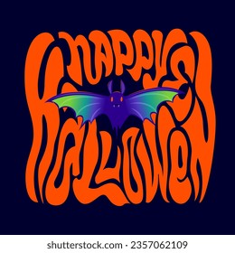 Groovy Postmodern Funky Halloween Text. Hippie bohemian psychedelic style. Greeting text with illustration purple bat. Used for posters, collages, postcard, banner.