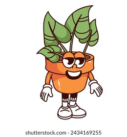 Groovy pot cartoon character with green plant. Funny retro flowerpot with smile, houseplant from home garden mascot, cartoon ceramic pot with leaf sticker of 70s 80s style vector illustration