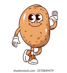 Groovy potato cartoon character walking with hand up to say Hi. Funny retro happy tuber vegetable waving. Food ingredient mascot, cartoon cheerful potato sticker of 70s 80s style vector illustration