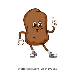 Groovy potato vegetable character. Cartoon vector ripe veggie personage with a confident expression, wearing stylish vintage sneakers and pointing with finger up, exudes a laid-back and funky vibe