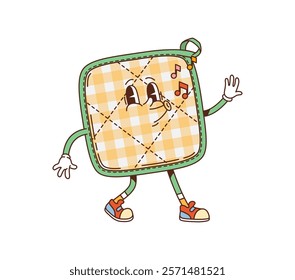 Groovy potholder retro character for funny kitchenware and utensil, cartoon vector. Funky groovy textile pot holder towel with funky face and whistling melody notes for kitchenware utensil character