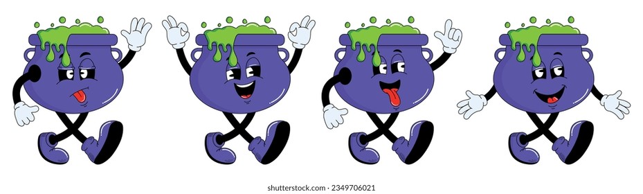 Groovy potion cartoon characters. Trendy vector illustration in 70s retro style.