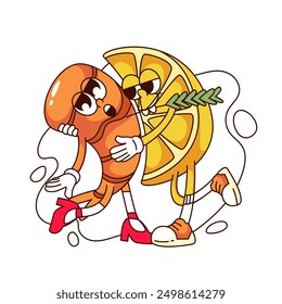 Groovy prawn and lemon slice cartoon characters dancing BBQ dance. Funny retro romantic couple of citrus and shrimp, BBQ mascot, cartoon seafood preparation sticker of 70s 80s vector illustration