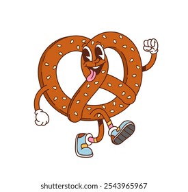 Groovy pretzel character with a playful expression, wearing colorful sneakers and gloves, exudes a fun and whimsical vibe. Isolated cartoon vector fresh bakery snacking personage with cheerful smile