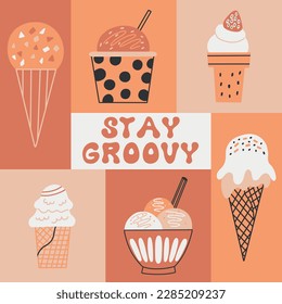 Groovy print collage Ice Cream vector concept. Retro illustration for print design, social media, poster, postcard. Modern Boho Trendy Style