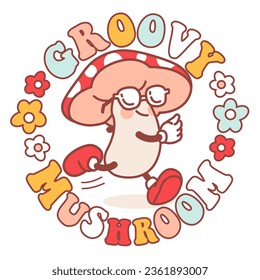Groovy print with funky mushroom stickers. Cool retro sticker with hippie slogan. Character crazy fun agaric in sunglasses.