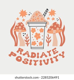 Groovy print ice cream with boho mushroom vector concept. Retro illustration for print design, social media, poster, postcard. Modern Boho Trendy Style