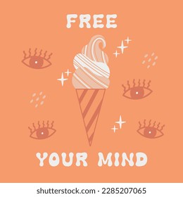 Groovy print ice cream with boho eye vector concept. Retro illustration for print design, social media, poster, postcard. Modern Boho Trendy Style