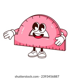 Groovy protractor character vector illustration. Cartoon isolated funny retro school stationery sticker, pink ruler and tool for study math and measure angles in geometry class, protractor mascot