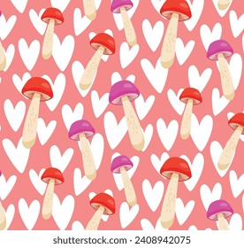 Groovy, psychdelic, mushroom with heart pattern, valentine, romantic, love, cute, purple, red, pink, white, heart, cutout, fabric, fashion, print, background, wallpaper, vector illustration,.