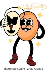 Groovy psychedelic 60s emoji mascot art wearing a hat and removing its spooky mask, representing the message of not judging others by their appearance before knowing the truth.