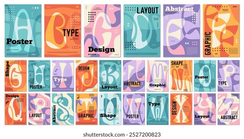 Groovy psychedelic alphabet typography book covers and poster templates, vector layouts. Groovy or retro cartoon art book covers with psychedelic typography and abstract alphabet letters for posters