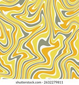 Um fundo groovy, psicodélico com redemoinhos fluidos, irregulares em amarelo, laranja, branco e cinza.