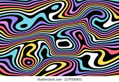 Groovy psychedelic background, liquefy lines effect, wavy colored curved lines.