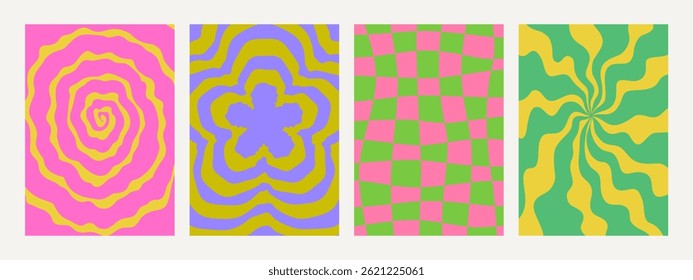 Groovy psychedelic backgrounds in vivid colors. Abstract retro pattern set. Trendy funky vector textures in abstract y2k style. Vector graphic for posters and art prints