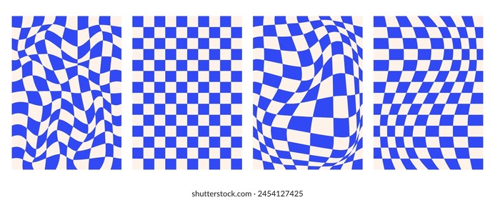 Groovy psychedelic blue checkerboard vector backgrounds set. Retro 70s abstract wavy checkered prints