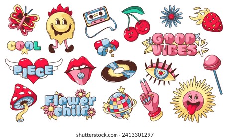 Groovy psychedelic cartoon characters and elements set. Funny retro stickers of magic mushroom and flower, motivational slogan and love heart, cartoon psychedelic mascots of 70s vector illustration