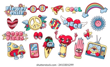 Groovy psychedelic cartoon characters and elements set. Funny retro hippie slogan, trippy party mascot, psychedelic mushroom and TV. Cartoon stickers collection of 60s 70s style vector illustration