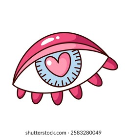 Groovy psychedelic cartoon eye with heart inside pupil. Funny retro cute pink trippy eye of hippy girl in love. Hippie, feminism mascot, cartoon funky sticker of 70s 80s style vector illustration