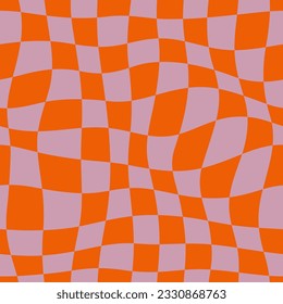 Groovy Psychedelic Checkerboard Seamless Pattern. LIlac and Orange Abstract Background in 70s Retro Style