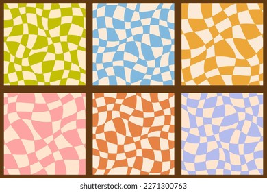 Groovy psychedelic checkerboard set. Checkered backgrounds collection. Funky hippie distorted grid backdrop. Retro 70s style. Vector illustration