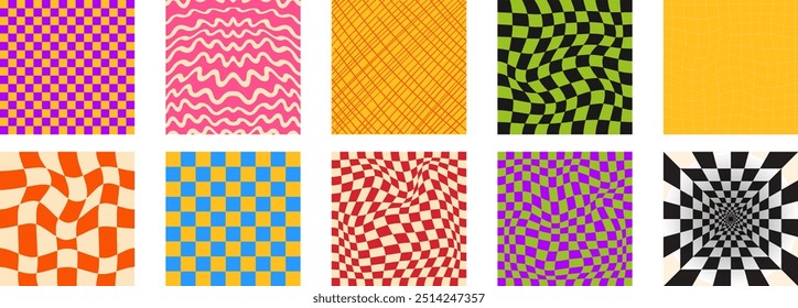 Groovy tablero de ajedrez psicodélico en estilo Y2k. Ilustraciones vectoriales aisladas sobre fondo blanco