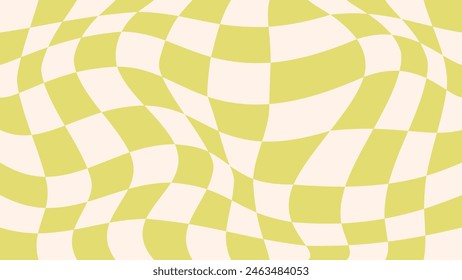 Groovy psychedelic checkerboard vector background. Retro abstract playful green checkered pattern